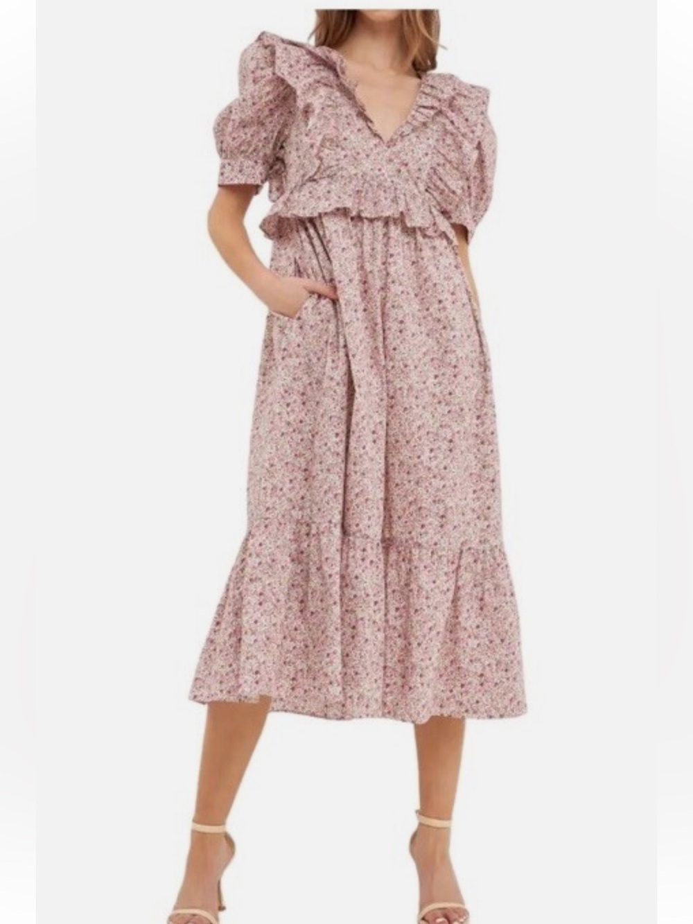 English Factory Floral Ruffle Midi Dress-Ivory Pink Multi-NWT